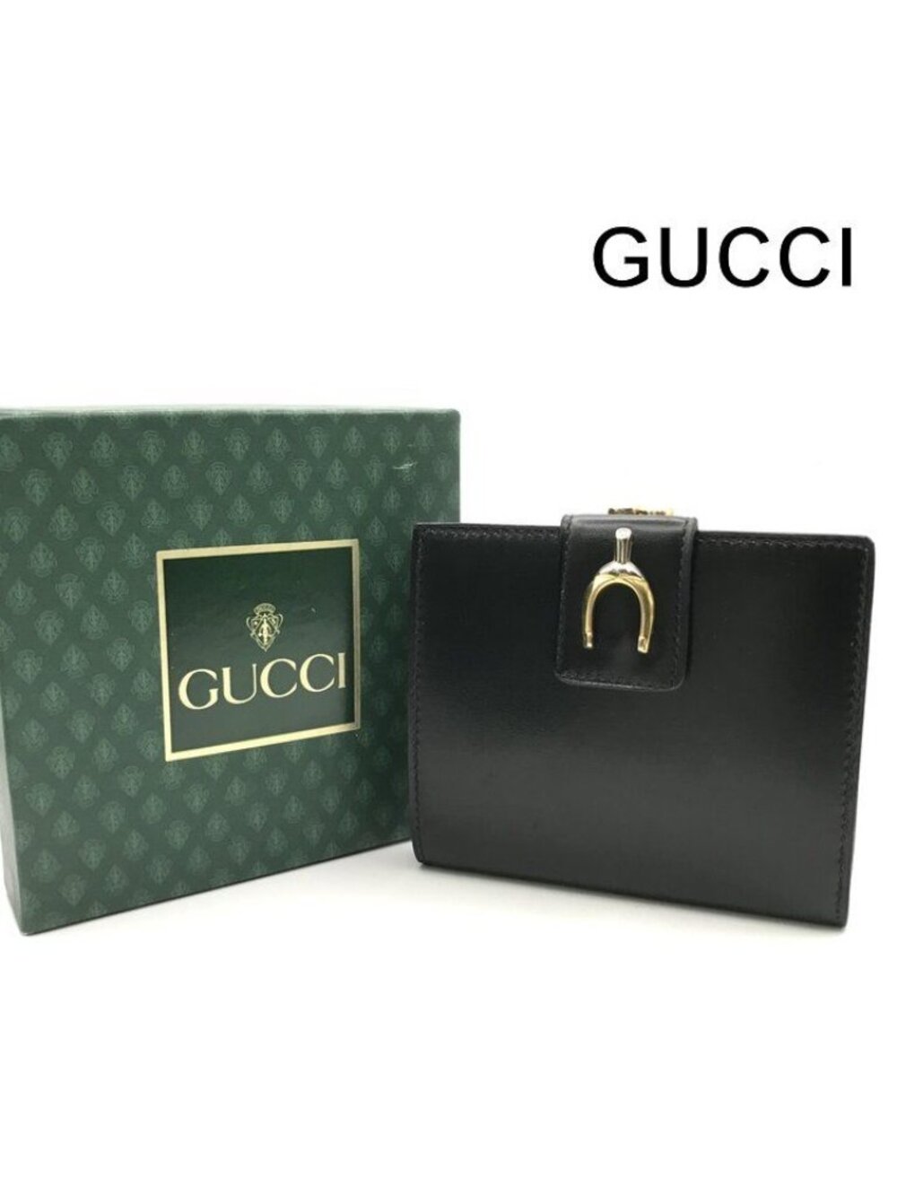 Gucci Horseshoe Motif Black Leather Bifold Wallet Kiss Lock Vintage